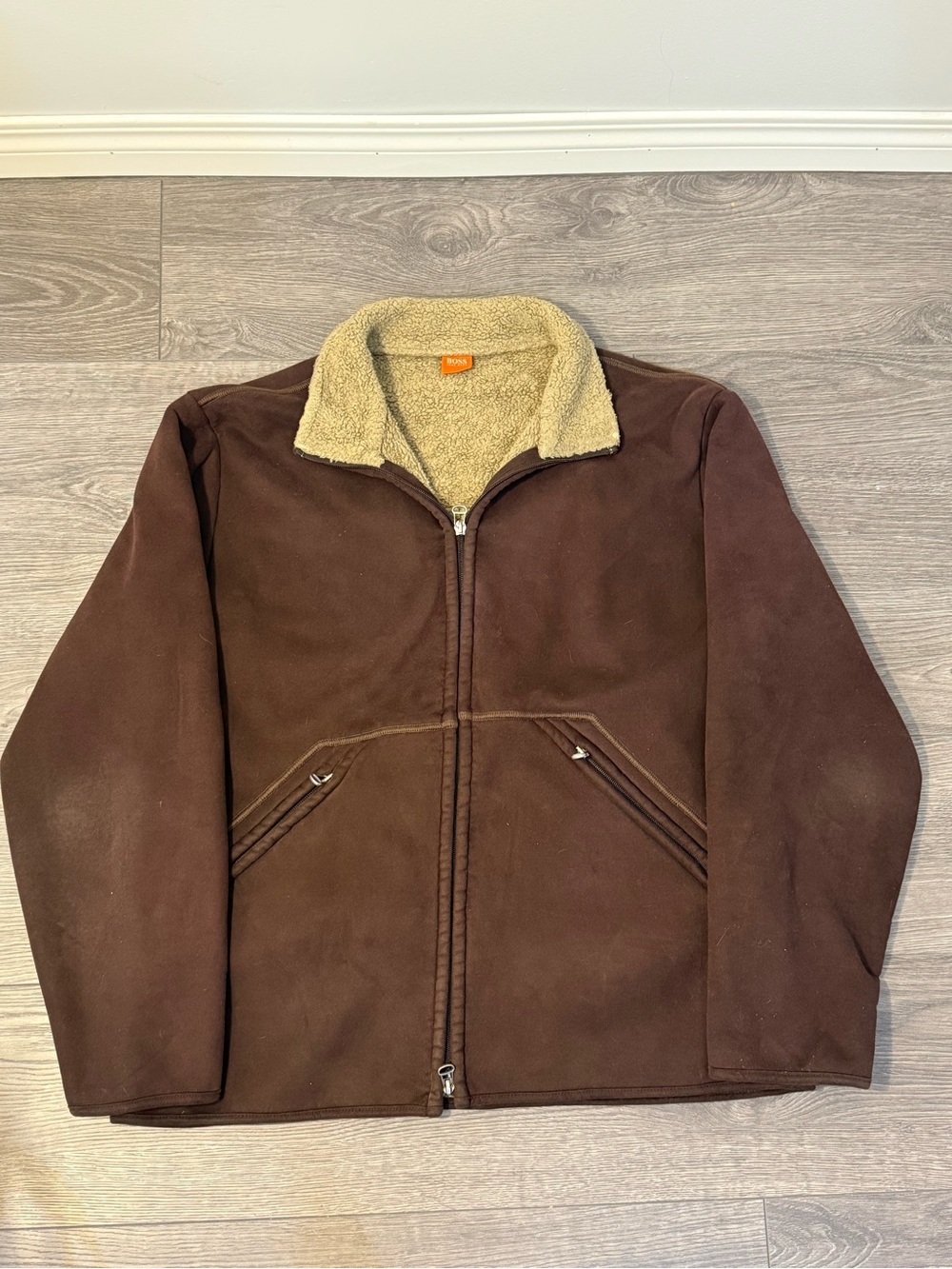 Vintage Hugo Boss Orange Sherpa-Lined Jacket | Size